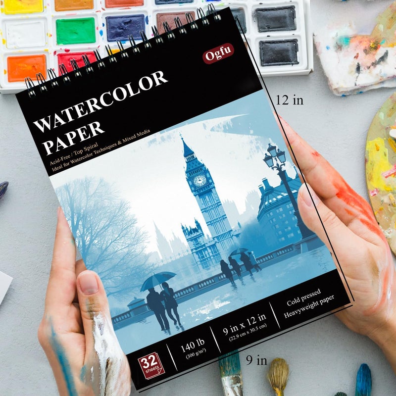 Ogfu 9"x12" Watercolor Sketchbook, 32 Sheets Watercolor Notebook, 140 lb / 300 GSM Watercolor Paper Sketchbook, Pack of 1, Cold Press, Watercolor Paper Pad, Water Color Paper for Artists & Professionals. - Image 2